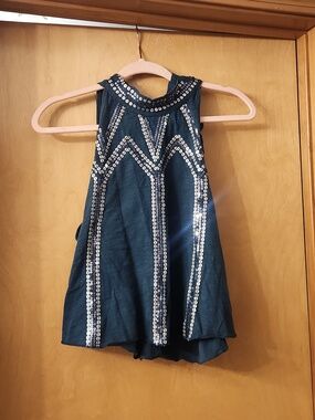 Free People Embellished Teal Halter Tank Top Size Small